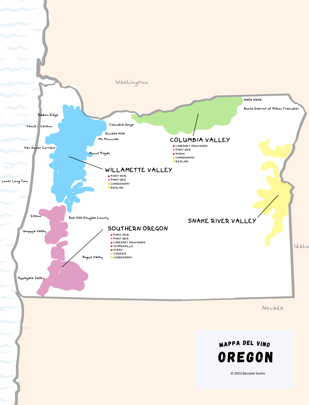 Wine Map Oregon
Mappa del vino Oregon
Carte des vins de Oregon